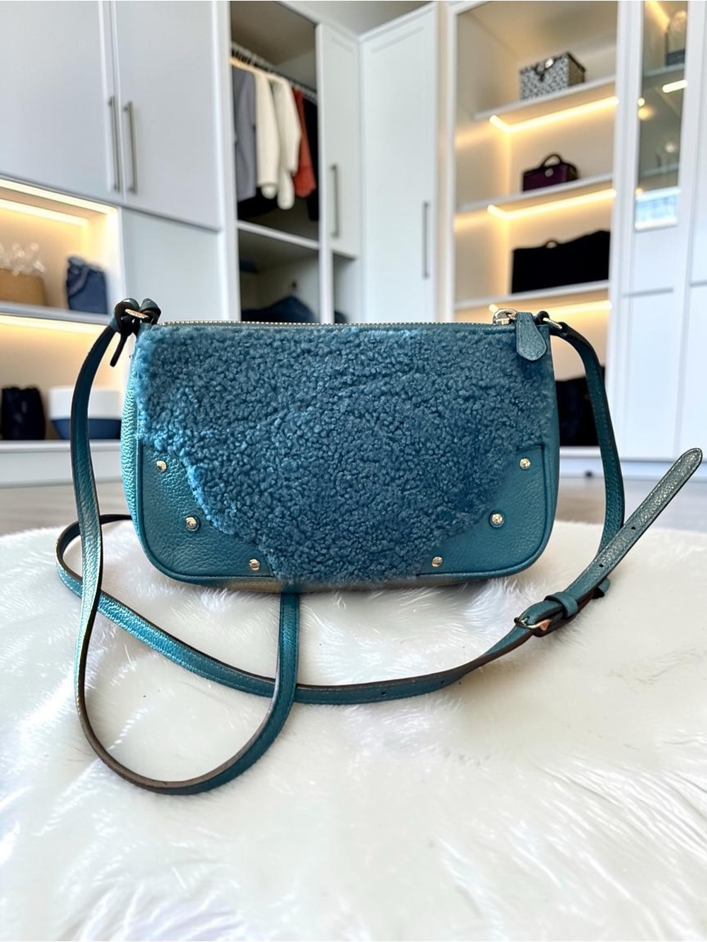Coach Small Rhyder Pochette in Shearling & Leather — Peacock Blue - Picture 3 of 7